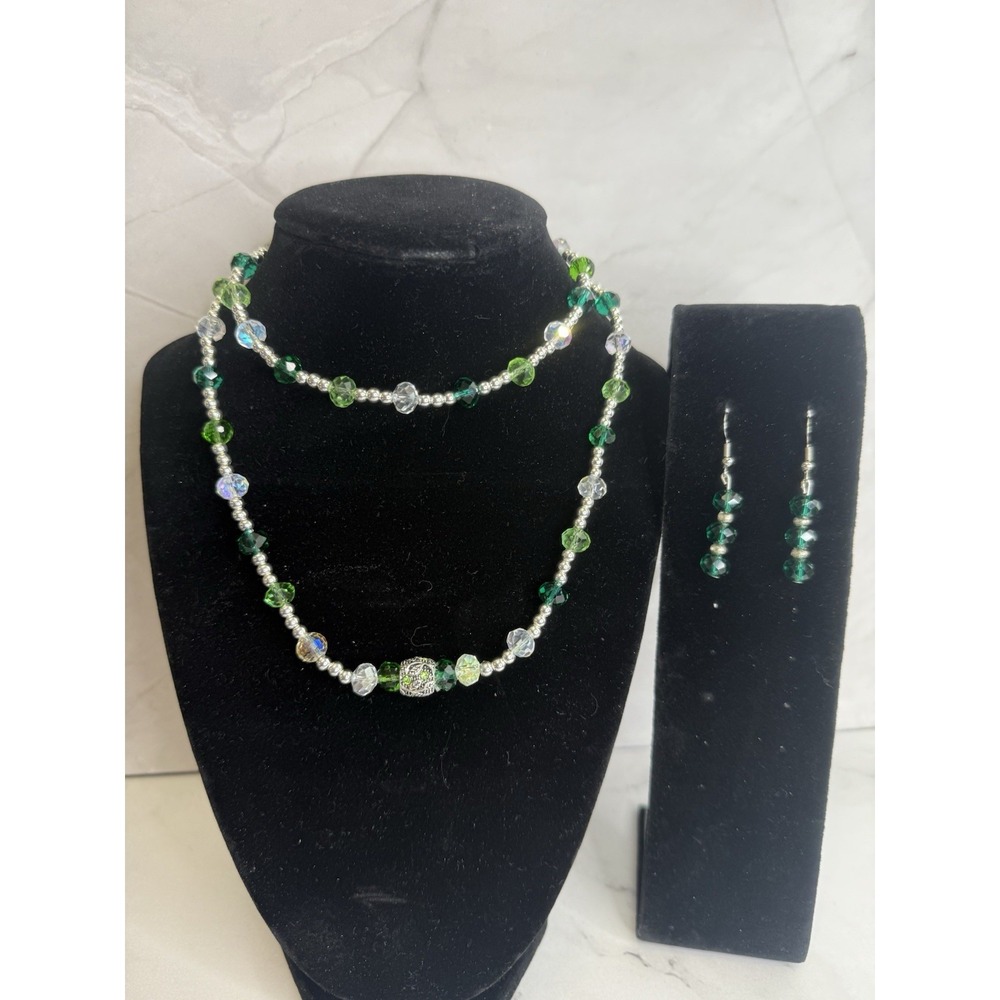 green and silver beaded handmade necklace and earring set